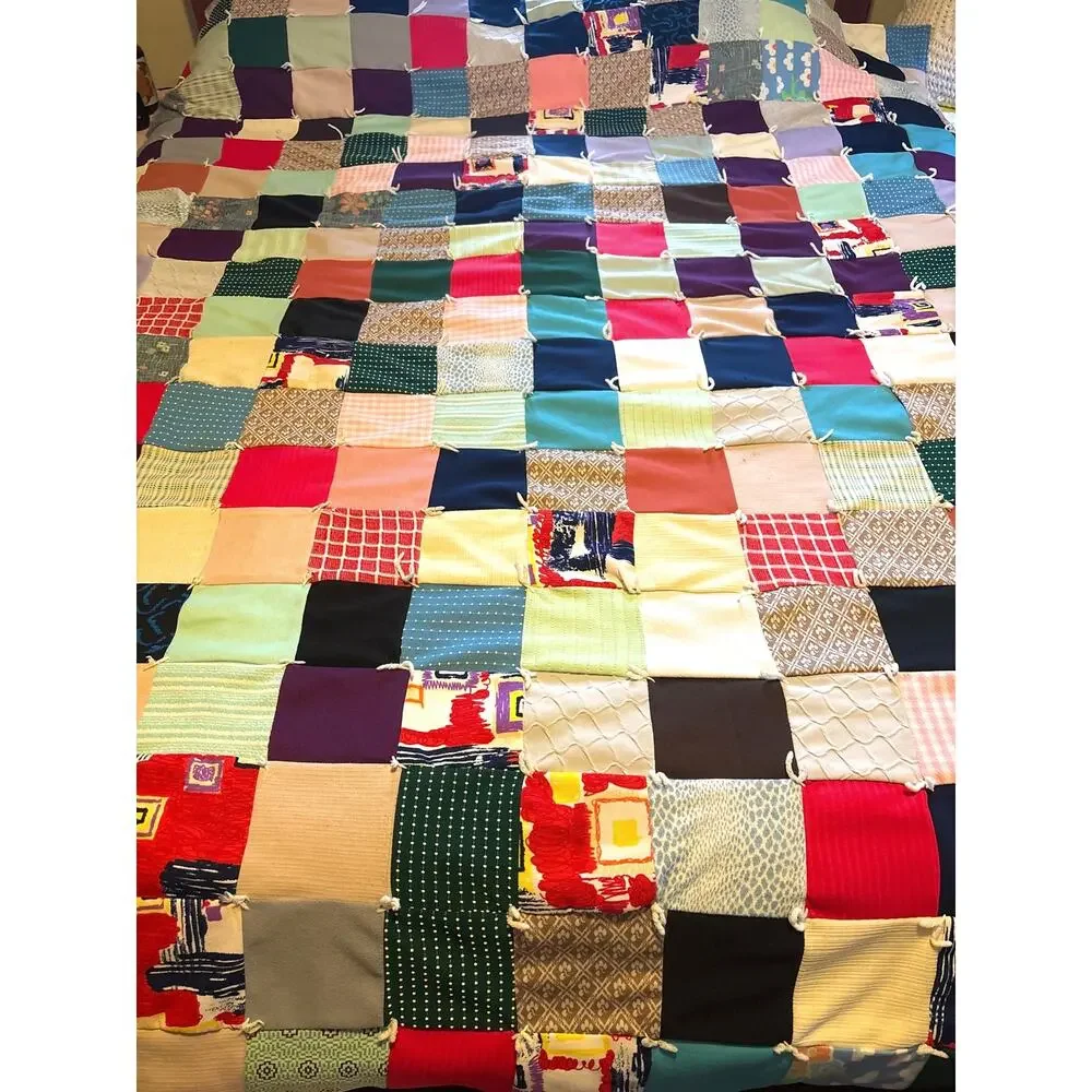 Vintage 1970s Handmade Patchwork Quilt reversible Polyester Boho Decor 80 x 70